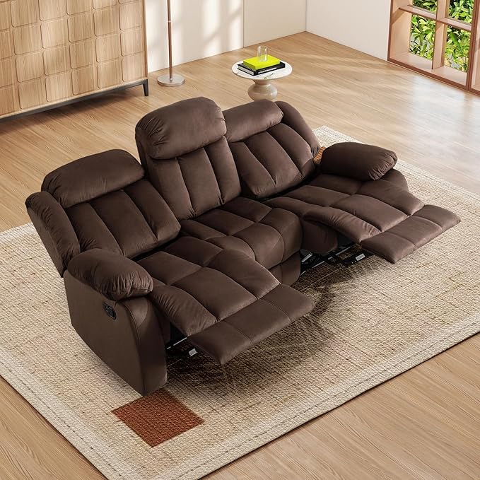 INZOY Manual Recliner Sofa with Padded Armrest, Wall-Hugger 3 Seat Reclining Love Seat Couches with Overstuffed Back, 3 Seater Reclining Chair for Living Room Theater Seating, Brown