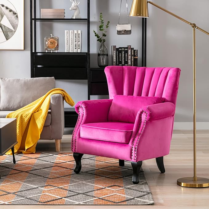 Accent Reading Arm Chairs Midcentury Modern Comfy Corner Sofa Chair, Wingback Waiting Room Club Chair with Tufted Back for Living Room/Bedroom/Reception Room, Velvet Rose