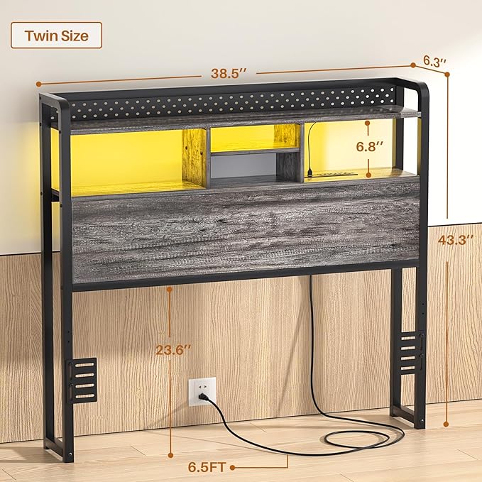 Unikito Headboard for Twin Size Bed with Storage Shelf, Head Board with 3 Outlets and 2 USB Ports, Headboards with RGB LED Light, Height Adjustable, Sturdy and Stable, Easy Assembly, Black Oak