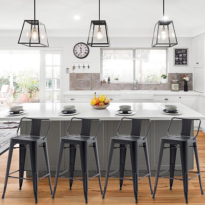 HAOBO Home 30" Low Back Metal Counter Stool Height Bar Stools [Set of 4] for Indoor/Outdoor Barstools, Matte Black