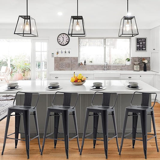 HAOBO Home 30" Low Back Metal Counter Stool Height Bar Stools [Set of 4] for Indoor/Outdoor Barstools, Matte Black
