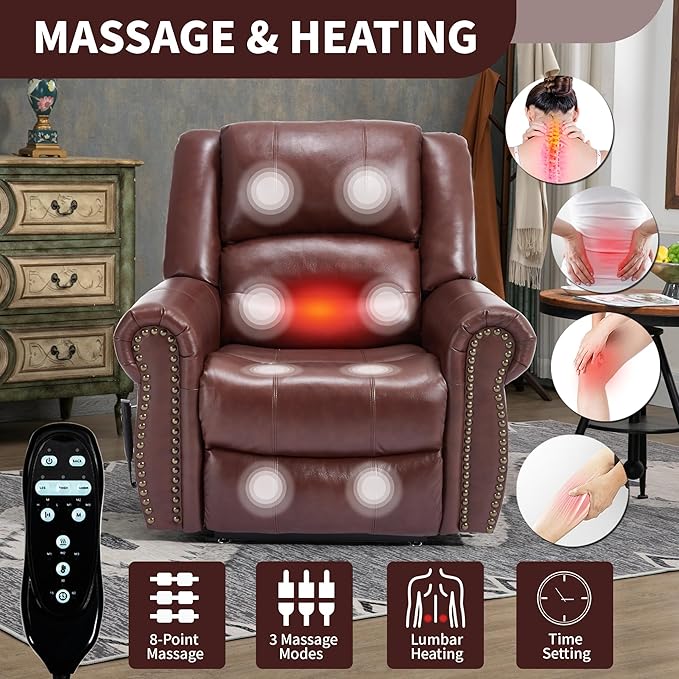Recliner Chairs for Adults, Oversized Bedroom Chair with Massage, Sofa Chair Home Theater Seating with Lumbar Support, Lift Chair for Elderly, Nursery Chair for Living Room (Genuine Leather)