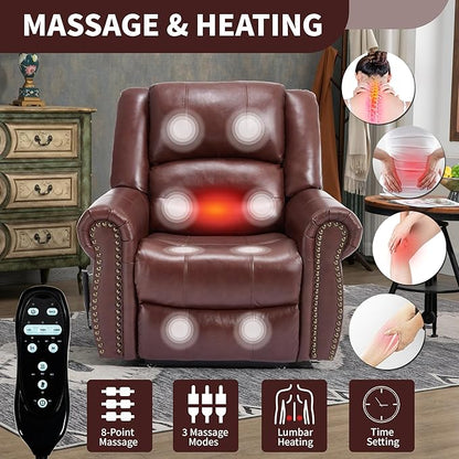 Recliner Chairs for Adults, Oversized Bedroom Chair with Massage, Sofa Chair Home Theater Seating with Lumbar Support, Lift Chair for Elderly, Nursery Chair for Living Room (Genuine Leather)