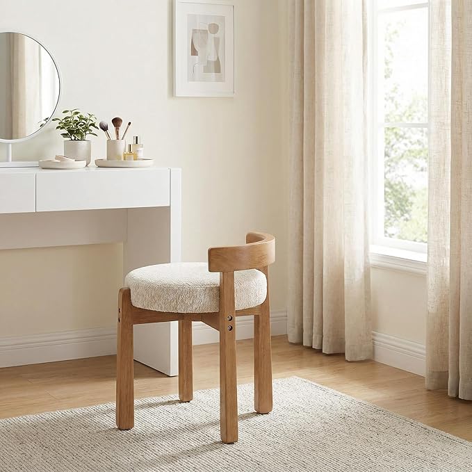 HNY Modern Chenille Vanity Chairs & Ottoman: Upholstered Round Seat with Solid Wood Legs, for Makeup Dressing, Living Room Footrest or Piano Bench, Beige