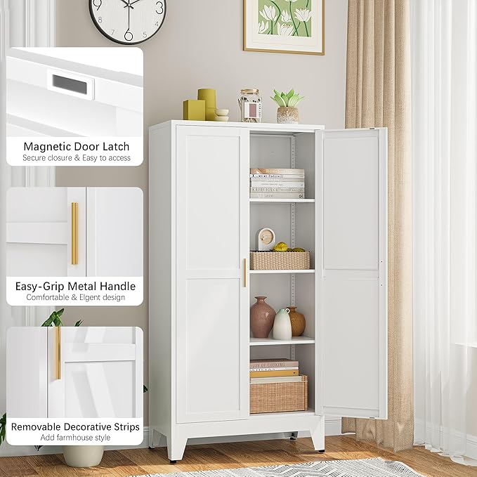 Bathroom Storage Cabinet Freestanding, 61" Tall Metal Cabinets with Doors and Shelves, White Metal Pantry Cabinet for Kitchen, Living Room, Home Office