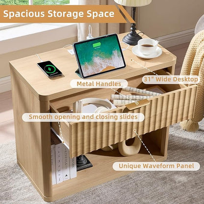 LEYAOYAO 31" Wide Fluted Nightstand Set of 2 with Charging Station, Oversized Extra Large 1 Drawer Night Stand with Golden Handle, Natural Wood Bedside Table Tall End Tables,for Bedroom, Living Room
