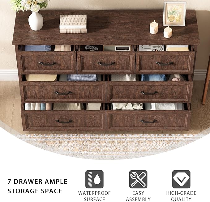 Farmhouse 7 Drawer Dresser for Bedroom, 55 Inch Wide Modern Brown Dresser TV Stand with Large Drawers & Bar Handles, Rustic Wood Chest of Drawers for Bedroom