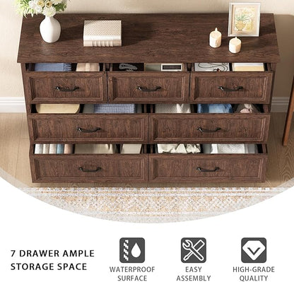 Farmhouse 7 Drawer Dresser for Bedroom, 55 Inch Wide Modern Brown Dresser TV Stand with Large Drawers & Bar Handles, Rustic Wood Chest of Drawers for Bedroom
