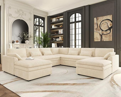 Belffin Large Modular Sectional Sofa with Double Deep Chaise and Loveseat, Corduroy U Shape Couch with 9" Soft Dual-Layer 9 Seats Cushion for Living Room, Apartment, Beige