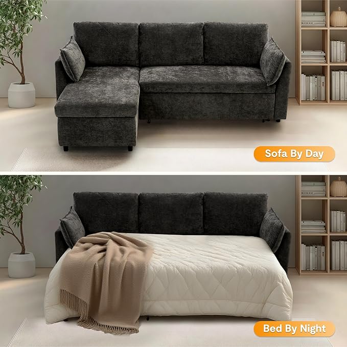 FLEXISPOT XB5 78" Pull Out Couch Bed with Storage Chaise, 2-in-1 Convertible Sofa Bed with USB Charging Ports, 3-Seater Sectional Sofa Couch for Living Room Apartment, Easy to Assemble(Dark Gray)