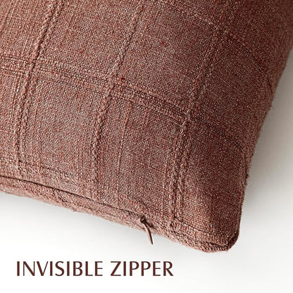 Foindtower Set of 2 Decorative Linen Check Throw Pillow Covers Neutral Farmhouse Vintage Cushion Covers Modern Boho Home Decor for Sofa Chair Couch Bedroom Living Room,26×26 Inch,Autumnal Red