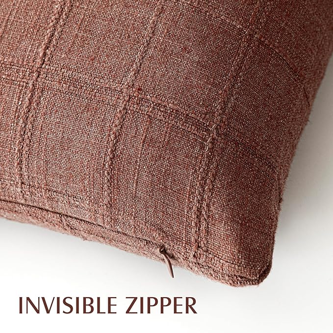 Foindtower Set of 2 Decorative Linen Check Throw Pillow Covers Neutral Farmhouse Lumbar Cushion Covers Modern Boho Home Decor for Sofa Chair Couch Bedroom Living Room,12×20 Inch,Autumnal Red