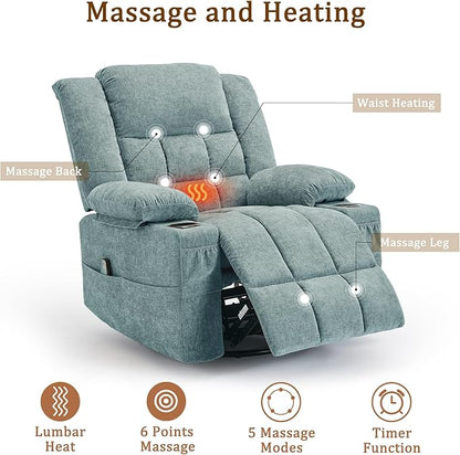 Adult 360° Swivel Rocking Recliner, Baby Room Glider Recliner with Massage and Heating, Rocking Chair with Cup Holder, Living Room and Bedroom Manual Chair (Fabric, Lake Blue)