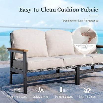 HDPE Outdoor Patio Furniture 4-Piece Set, All Weather Modern Patio Conversation Sets with Wood-grain Extended Table, Outdoor Patio Couch Set, Black Frame with Beige 4.7" Thick Cushions