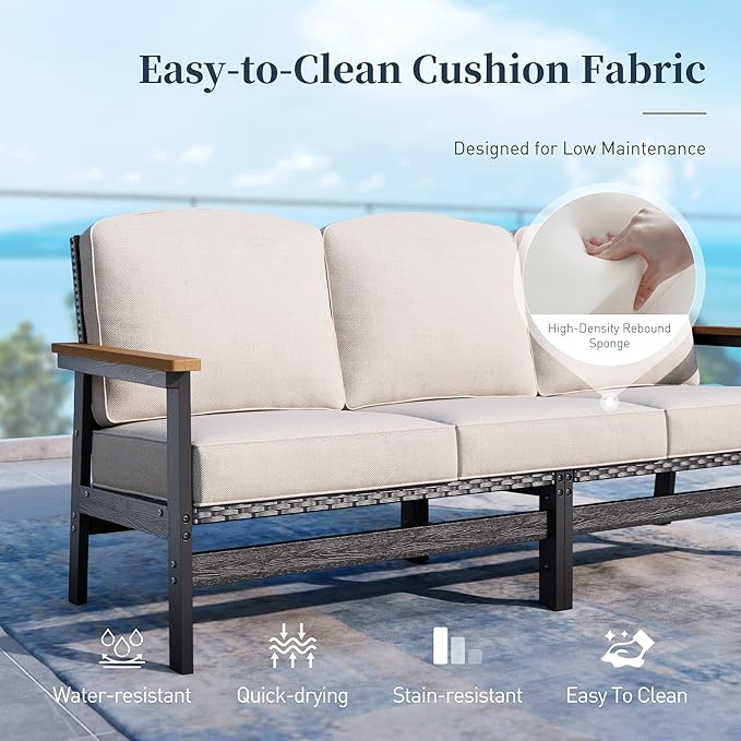 HDPE Outdoor Patio Furniture 3-Piece Set, All Weather Modern Patio Conversation Sets with Wood-grain Extended Table, Outdoor Patio Couch Set, Black Frame with Beige 4.7" Thick Cushions