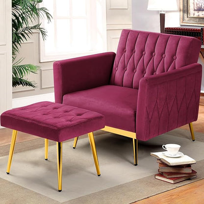Velvet Accent Chair with Adjustable Armrests and Backrest, Button Tufted Lounge Chair, Single Recliner Armchair with Ottoman and Pillow for Living Room, Bedroom, Fuchsia