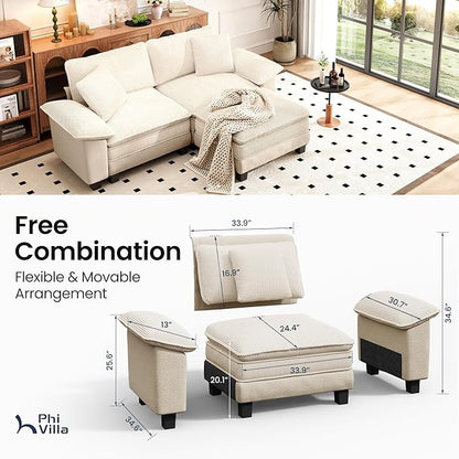 PHI VILLA Cloud Modular Couches Sets, 87.5" Sectional Loveseat Sofa with 1 Movable Ottoman, 3-Seater Comfy Couches for Living Room Apartment, Chenille & Corduroy Dual Fabric, Beige