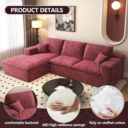 107'' L-Shaped Modern Modular Sectional Cloud Couch, 4-Seat Chenille Deep-Seat Sofa with Pillow for Living Room, Bedroom, Apartment, Wine Red