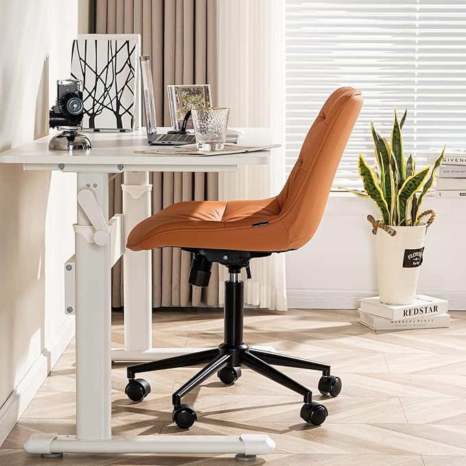 Rowill Leather Office Chair,Ergonomic Armless Desk Chair with Waterproof Cushion & Slient Wheels & SGS-Certified Class 3 Explosion-Proof Gas Lift,Ideal for Home Office,Study,Vanity(Brunt Orange)