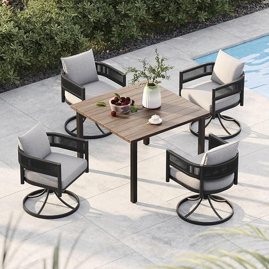 Grand patio 5-Piece Outdoor Dining Set for 4, Metal Woven Wicker Swivel Patio Chairs with Thickened Cushions & 1 Square Woodgrain Dining Table with Umbrella Hole for Backyard Deck (Black)
