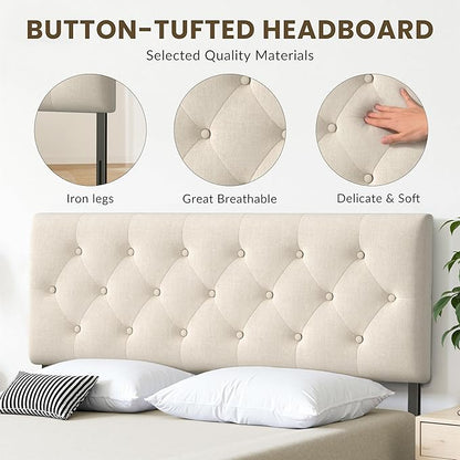 Tufted Upholstered Headboard Queen Size, Solid Wood Head Board with Durable Metal Legs, Linen Fabric Padded Headboard, Adjustable Height from 37” to 51”, Modern Button Design Head Board, Beige