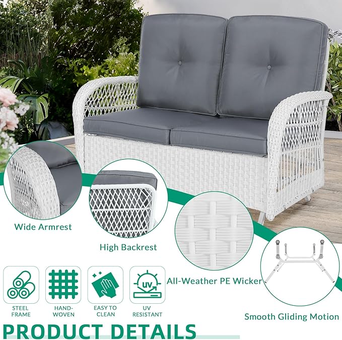 VIVIJASON 2-Piece Patio White Wicker Loveseat Glider Set Cushioned, Outdoor Conversation Furniture Sets with 2-Seater Glider Rocking Bench, Coffee Table and Cushions for Porch Garden Poolside, Grey