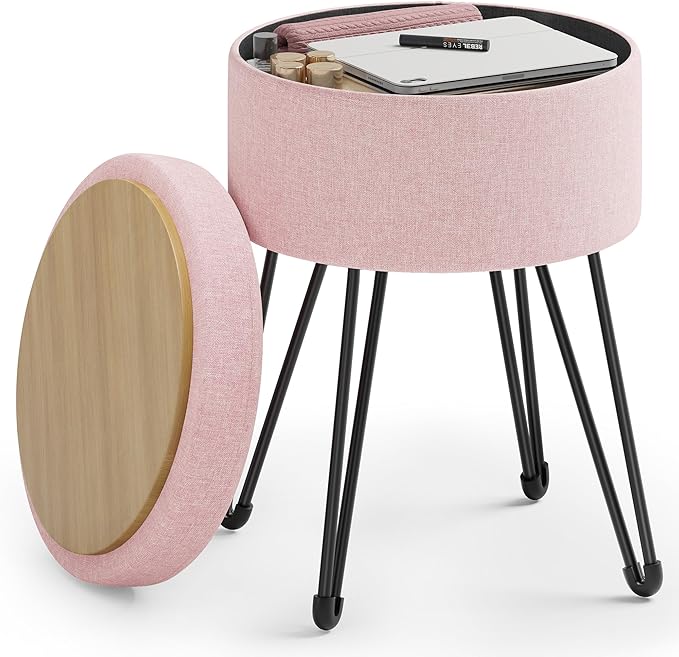 SONGMICS Vanity Stool Chair, Small Ottoman Stool with Storage, Vanity Chair, 15.4 Dia. x 17.4 Inches, 4 Metal Legs, for Makeup Room, for Living Room, Bedroom, Jelly Pink ULOM002R01