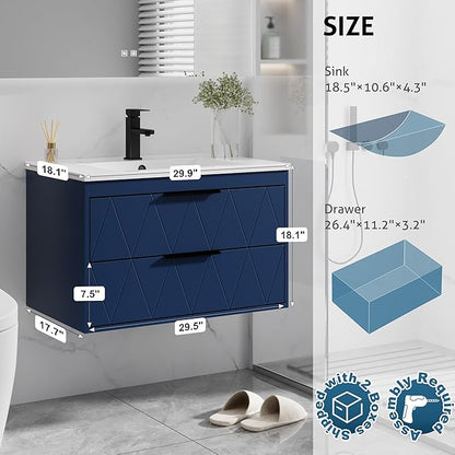 eclife 30" Bathroom Vanities Cabinet with Sink Combo, Wall Mounted Floating Cabinet W/Decor Line, Soft-Close System, 2 Extra Big Drawers, Matte Black Faucet, Navy Blue
