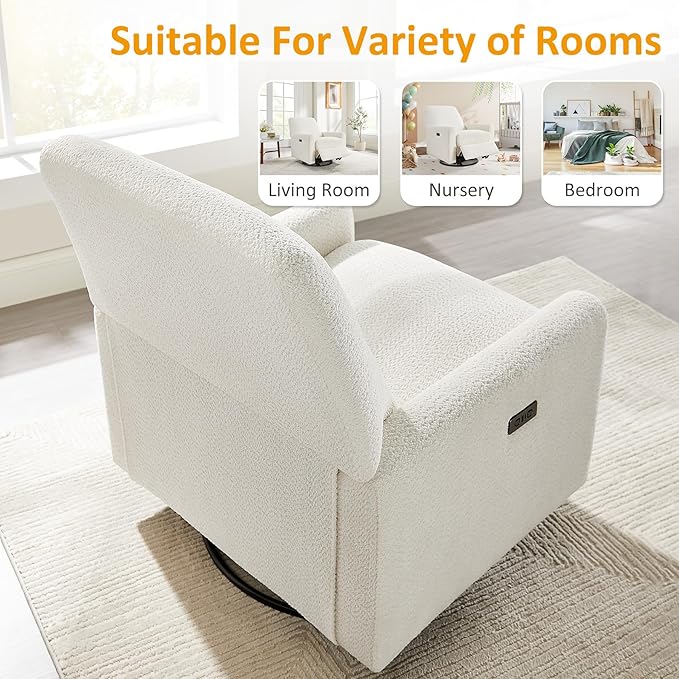 VANOMi Power Swivel Glider Recliner Chair, Electric Nursery Rocker Recliner Chair, USB & Type-C Charger, Boucle White