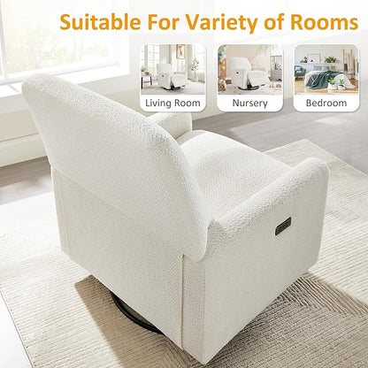 VANOMi Power Swivel Glider Recliner Chair, Electric Nursery Rocker Recliner Chair, USB & Type-C Charger, Boucle White
