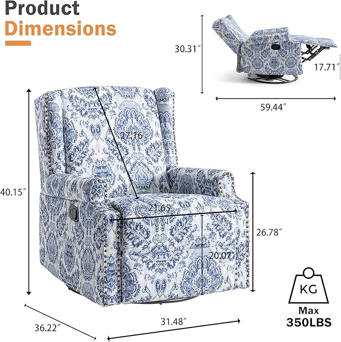 Pia Ricco Swivel Glider Recliner Chairs Set of 2, High Back Rocker Reclining Accent Chair with Smooth Manual Mechanism for Nursery, Comfortable & Quiet Upholstered Armchair Seating-Bule Pattern
