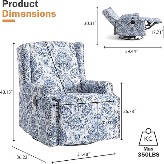 Premium 360° Swivel Recliner Chair with Footrest - Luxurious Cotton Linen & Botanical Design-Bule Pattern