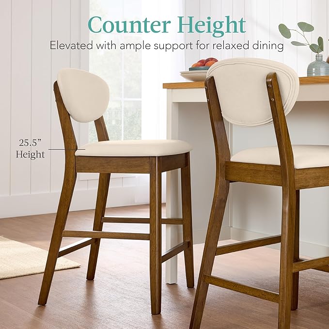 Best Choice Products Bar Stool Set of 2, Mid-Century Modern Upholstered Wood, Armless Counter Height w/Seat Cushion, Backrest - Walnut/Cream