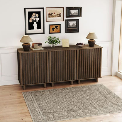 LukeAlon Fluted Sideboard Cabinet with Storage, Mid-Century Modern Accent Buffet Cabinet, 31.5" Height Wooden Small Credenza Cabinets for Living Room Dining Room Entryway Hallway, Walnut Color