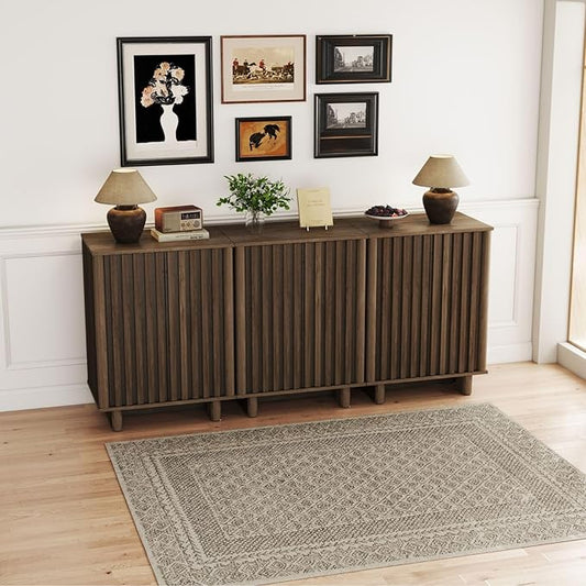 LukeAlon Fluted Sideboard Cabinet with Storage, Mid-Century Modern Accent Buffet Cabinet, 70" Wooden Credenza Cabinets for Living Room Dining Room Entryway Hallway, Walnut Color