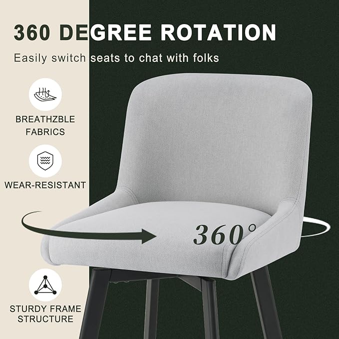 Swivel Bar Stools Set of 3, 30''H Upholstered Barstools with Backs, Modern Counter Height Bar Stool Chairs for Kitchen Island, Metal Legs, Fabric, Light Gray Counter Stools