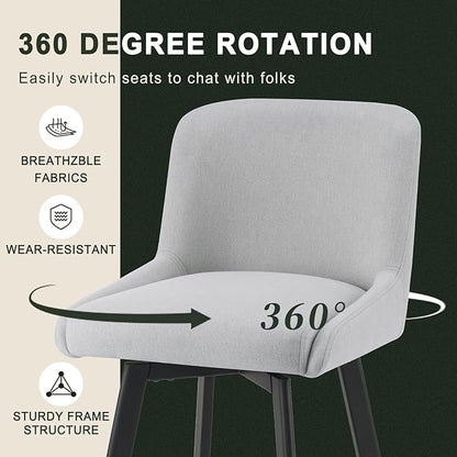 Swivel Bar Stools Set of 4, 30''H Upholstered Barstools with Backs, Modern Counter Height Bar Stool Chairs for Kitchen Island, Metal Legs, Fabric, Light Gray Counter Stools
