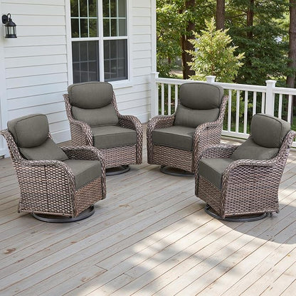 Rilyson 4 Piece Outdoor Patio Swivel Rocker Chairs, Waterproof Wicker, High Back, Deep Seating, Wide Armrest, Upgraded 6 inch Thick Cushions, Ideal for Deck Porch Backyard, Brown/Grey