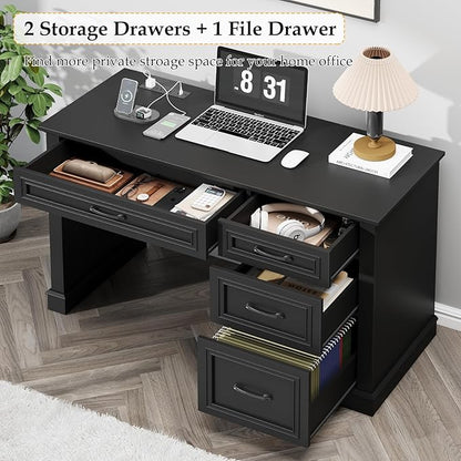 Farmhouse 47" Executive Desk, Computer Desk with Drawers and File Drawer, Workstation Computer Desk with Charging Station for Home Office, Study,Pure Black.