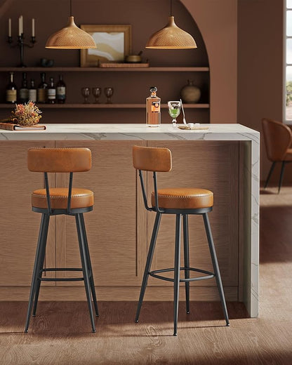 VASAGLE EKHO Collection - Bar Stools Set of 2, Swivel Bar Height Bar Stools with Back, Synthetic Leather with Stitching, Mid-Century Modern, 30-Inch Tall Barstools for Kitchen Home Bar, Caramel Brown