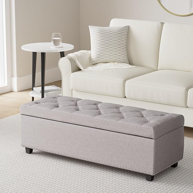 SIMPLIHOME Hamilton 48 inch Wide Transitional Rectangle Storage Ottoman in Cloud Grey Linen Look Fabric, Assembled, For the Living Room, Entryway and Family Room