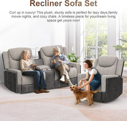 Manual Loveseat Recliner Sofa Set, 2 Seater Reclining Loveseat with Storage Console and Single Oversize Recliner Chair, 2+1 Pieces Luxury Living Room Furniture Set, Couches for RV (Grey)