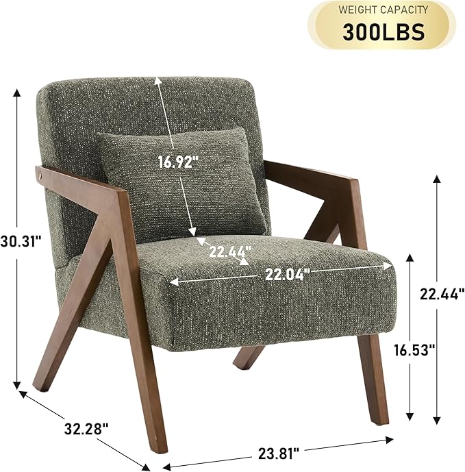 Mid-Century Modern Accent Chair with Solid Wood Frame，Upholstered Chenille Living Room Arm Chairs with Pillow for Bedroom, Living Room, Balcony, Reading Room, Green