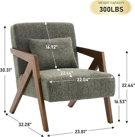 Mid-Century Modern Accent Chair with Solid Wood Frame，Upholstered Chenille Living Room Arm Chairs with Pillow for Bedroom, Living Room, Balcony, Reading Room, Green