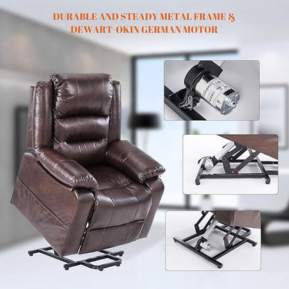 S*MAX Dual Motor Power Lift Recliners Chair for Elderly Infinite Position Full Air Leather Lay Flat Electric Recliner Chairs for Seniors Side Pockets USB Charge Port Brown