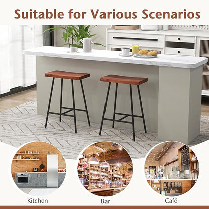 COSTWAY Industrial Bar Stools, 24-inch Backless Counter Height Saddle Stools with Footrest, Metal Legs, Adjustable Foot Pads, Barstools for Kitchen Island Cafe Restaurant, Walnut+Black (Set of 4)