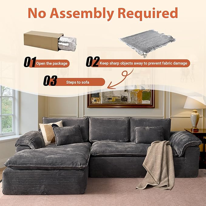 113 in Oversized Cloud Sofa with L Shape Chaise, Sectional Couches for Living Room, Assembly Free Modular Comfy Corduroy Sofa with Left Facing Chaise Longue for Home Apartment (Left Chaise, Gray)