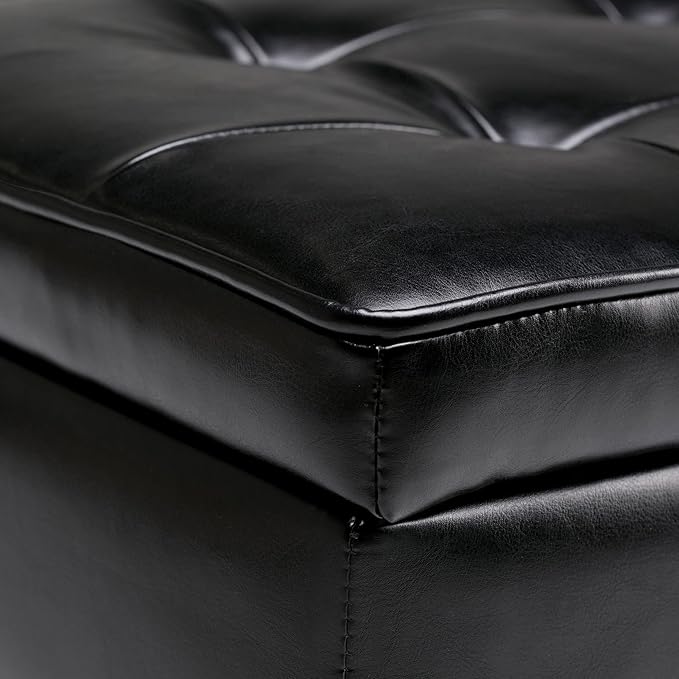 SIMPLIHOME Cosmopolitan 44 inch Wide Transitional Rectangle Storage Ottoman Bench with Open Bottom in Midnight Black Vegan Faux Leather, Assembled for the Living Room and Bedroom