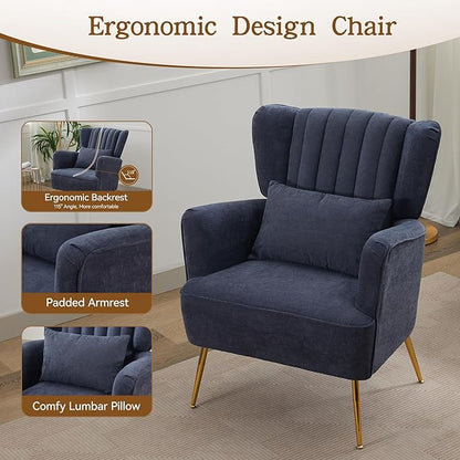 Fabric Accent Living Room Arm Chair with Pillow & Golden Legs, 8.5" Thick Cushion, Mid Century Modern Wingback Chairs Upholstered Comfy Sofa Armchair for Reading Room/Bedroom, Navy