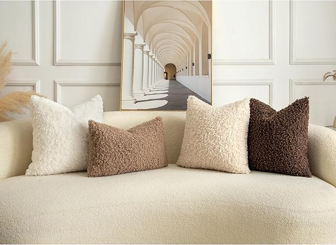 Pack of 2 Curly Teddy Wool Faux Fur Throw Pillow Covers Fuzzy Accent Soft Sherpa Pillowcases Sheepskin Fleece Decorative Cushion Case for Sofa Couch Living Room 12x20 Inch Chocolate